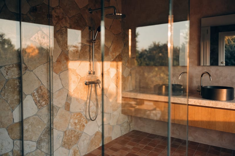 Frisch saniertes Badezimmer mit Natursteinfliesen auf Mallorca