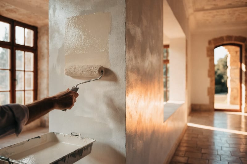 Maler streicht eine Wand in einer hellen Villa auf Mallorca