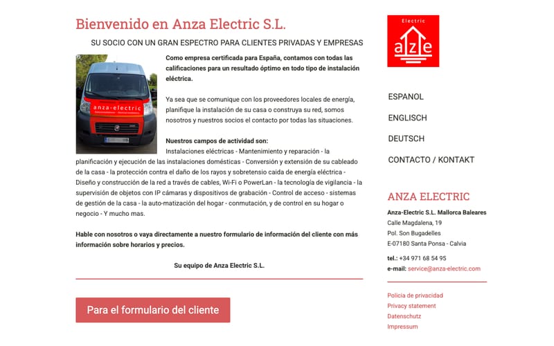 Website von Anza-Electric S.L.